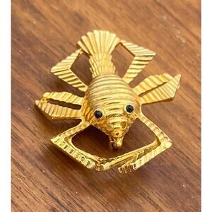 Gold Tone Lobster Brooch with Black Beaded Eyes - Ocean Beach Nautical READ